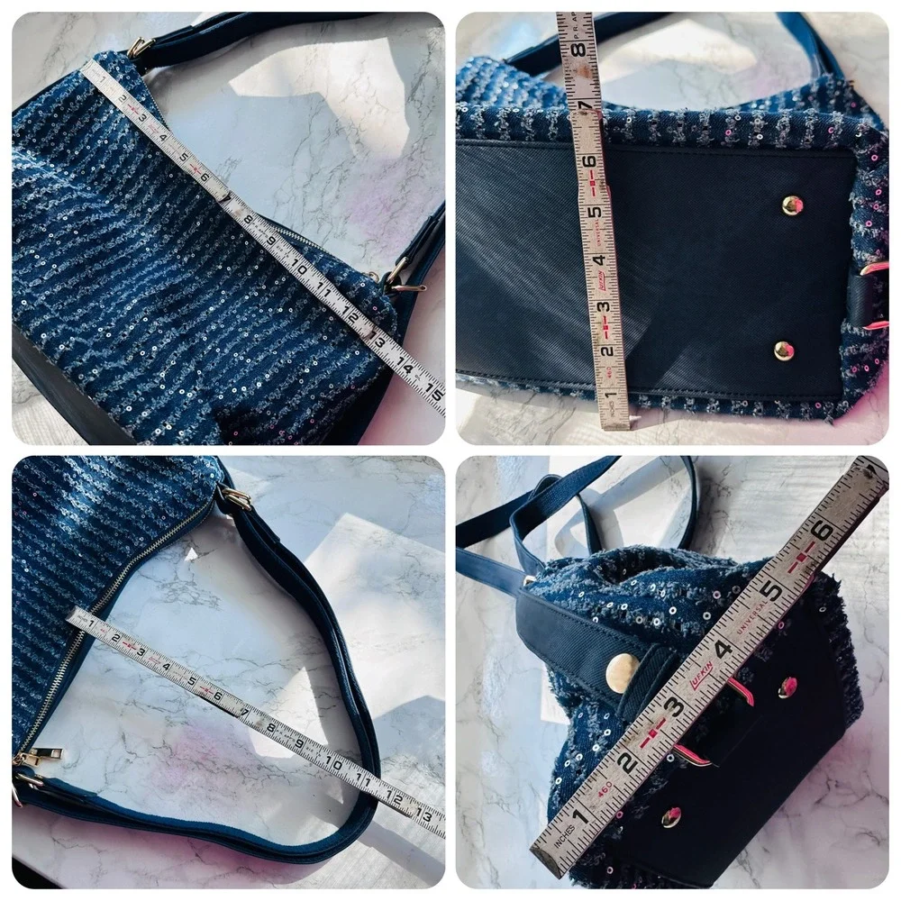 Mellow World Sequin Striped Blue Denim Double Zip Pocket Hobo Shoulder Bag